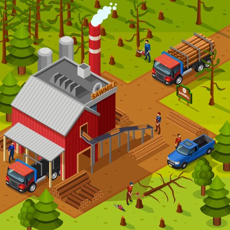 Lumberjack isometric composition with sawmill building vehicles for logs transportation and woodcutters on forest background flat vector illustrationのイラスト素材