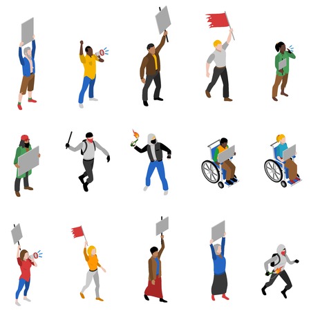 Protest march rally and static nonviolent demonstration participants with  streamers isometric icons set abstract isolated vector illustrationのイラスト素材