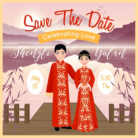 Chinese wedding couple invitation poster on background with beautiful landscape flat vector illustrationのイラスト素材