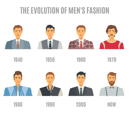 Men Fashion Icons Set. Fashion Evolution Avatar Vector Illustration. Man Fashion Evolution Decorative Set.  Fashion Evolution Design Set. Fashion Evolution Flat Isolated Set.のイラスト素材