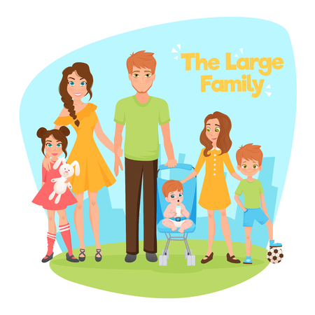 Large family design concept with young parents two daughters son and little baby flat vector illustrationのイラスト素材