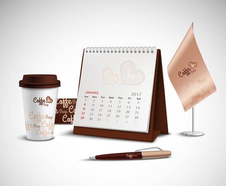 Calendar pen flag and glass corporate identity mockup set with design for coffee shop on light background realistic vector illustrationのイラスト素材