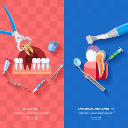 Vertical dentist banners with stages of teeth treatment and necessary equipment for teeth care on pink and blue plaid background flat isolated vector illustrationのイラスト素材