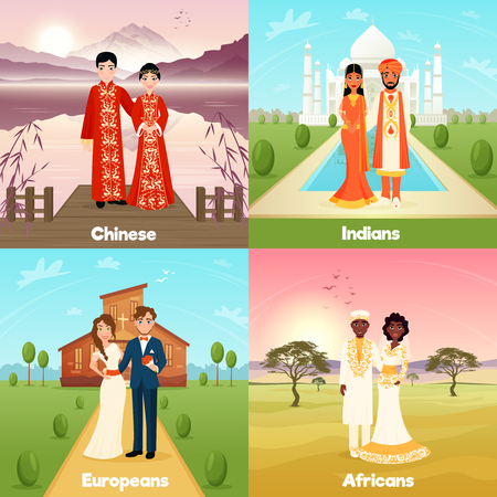 Multicultural wedding 2x2 design concept with chinese indian european and african couples flat vector illustrationのイラスト素材