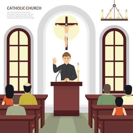 Color flat illustration depicting catholic church priest and crucifix vector illustrationのイラスト素材