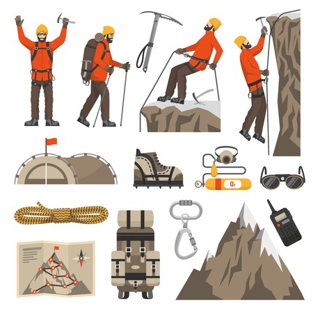 Color flat icons set of climbing hiking mountaineering equipments vector illustrationのイラスト素材
