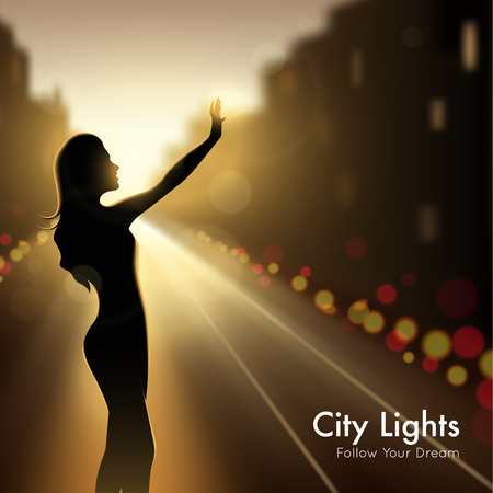 Girl silhouette in city lights design concept at night urban background and description follow your dream vector llustrationのイラスト素材