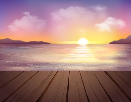 Landscape with sea mountains pier and sunset in colorful sky with clouds cartoon vector illustrationのイラスト素材