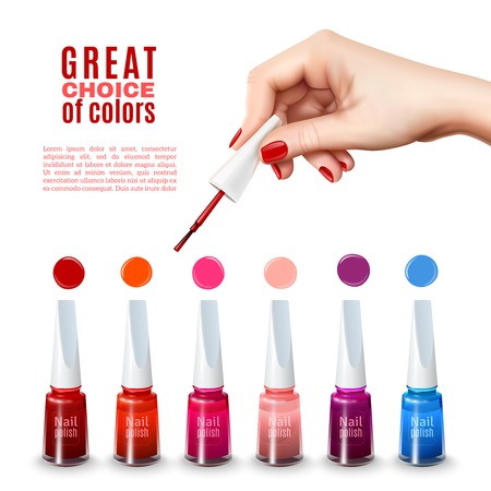 Best choice of new tints nail polish colors with beautiful hand holding brush advertisement poster realistic vector illustrationのイラスト素材