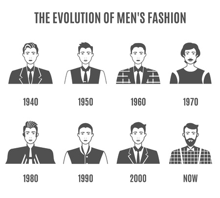 Men Fashion Black White Icons Set. Fashion Evolution Avatar Vector Illustration. Man Fashion Evolution Decorative Set.  Fashion Development Design Set. Fashion Evolution Flat Isolated Set.のイラスト素材