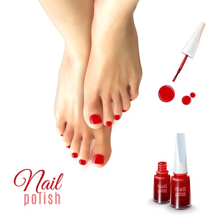 Pedicure red nail polish and female feet isolated on white background realistic vector illustrationのイラスト素材