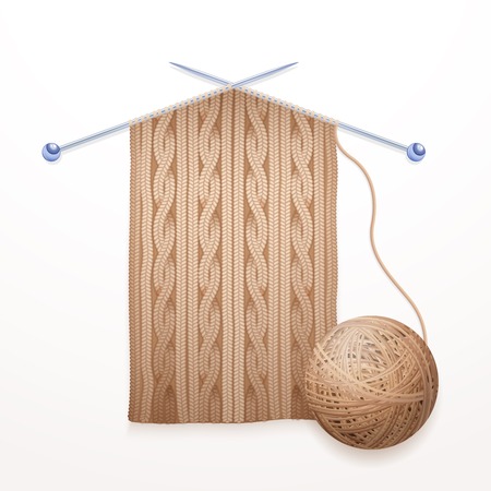 Two single pointed needles with modern cable scarf knitting and beige yarn ball composition abstract flat vector illustrationのイラスト素材
