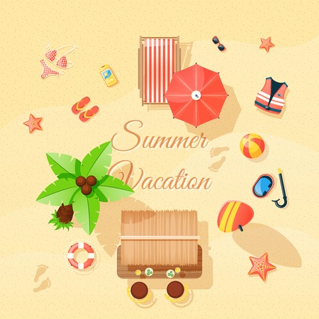 Summer vacation beach accessories composition top view poster with  swimming suit palm thongs and snorkel abstract vector illustrationのイラスト素材