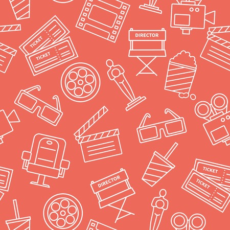 White line cinema icons on red background decorative pattern with tickets popcorn flat vector illustrationのイラスト素材