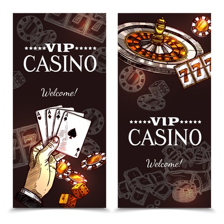 Vip casino color vertical banners with image of hand with playing cards roulette and chips in sketch style vector illustrationのイラスト素材