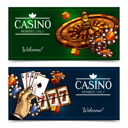 Colorful sketch casino advertising horizontal banners with invitation and greeting for members only vector illustrationのイラスト素材