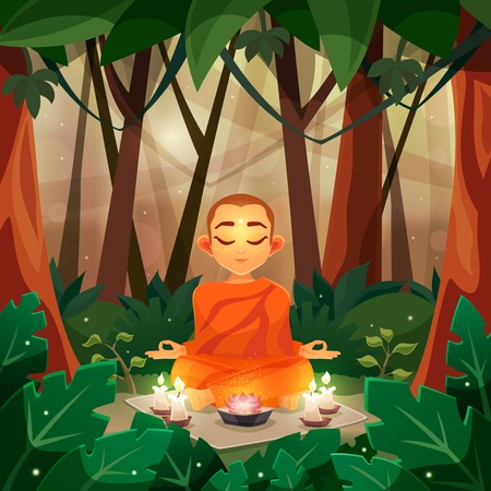 Color flat poster depicting buddha in forest with candle vector illustrationのイラスト素材