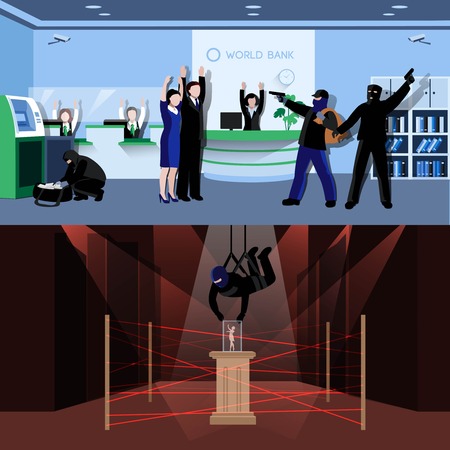 Armed burglars committing theft in bank and museum flat compositions isolated vector illustrationのイラスト素材