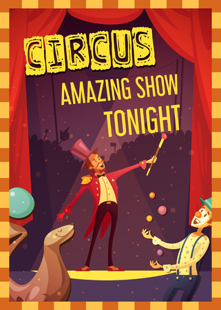 Traveling chapiteau circus show announcement retro cartoon style poster print with clown and magician performance vector illustrationのイラスト素材