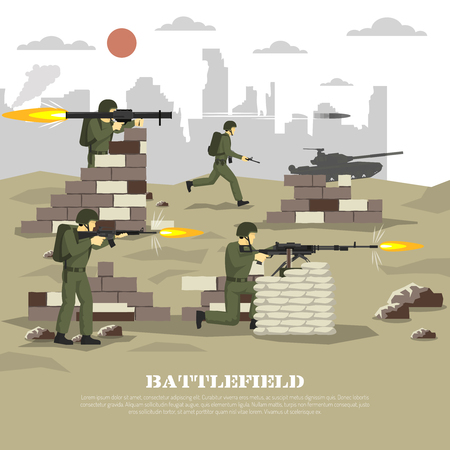 Military army war computer video game battlefield shooter personal cinematic experience flat poster print abstract vector illustrationのイラスト素材