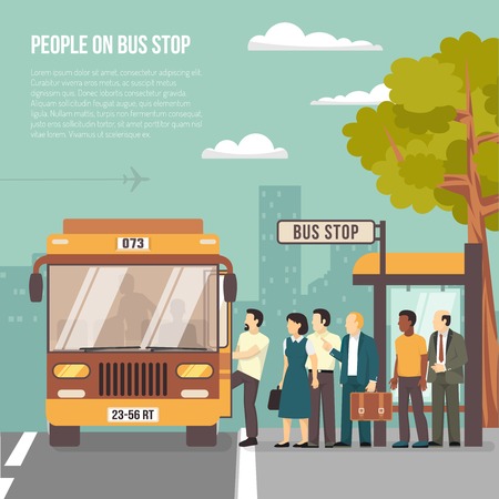 People getting on bus at shelter stop in city flat poster with information on transportation vector illustrationのイラスト素材