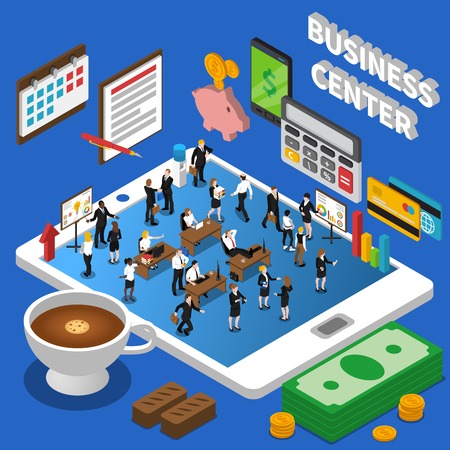 Financial business center isometric composition poster with market participants and dollar exchange rate diagrams abstract vector illustrationのイラスト素材