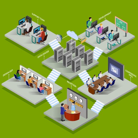 Development office isometric design concept with reception data center conference hall support service elements flat vector illustrationのイラスト素材