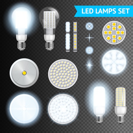 Realistic turned on and off led lamps and lights effects of different size and shape set isolated on transparent background realistic vector illustrationのイラスト素材