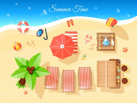 Summer time top view with umbrella palm and sea flat vector illustrationのイラスト素材