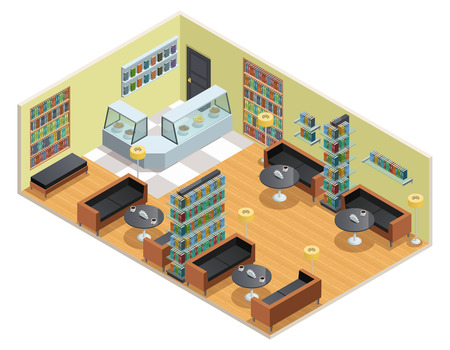 Color isometric design of library interior with cafe table and bookshelves vector illustrationのイラスト素材