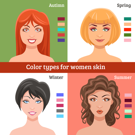 Women skin types for makeup set with winter spring summer and autumn types flat isolated vector illustrationのイラスト素材