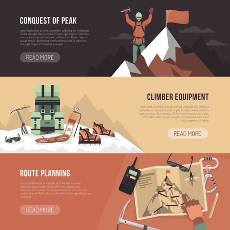 Color flat horizontal banner with title and text depicting conquest of peak climber equipment route planning vector illustartionのイラスト素材