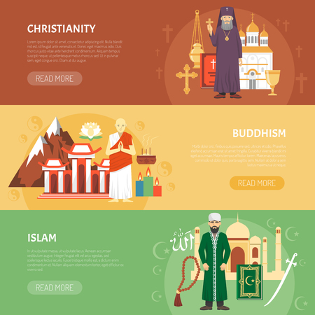 Color horizontal flat banners about religion confession christianity buddhism islam vector illustrationのイラスト素材