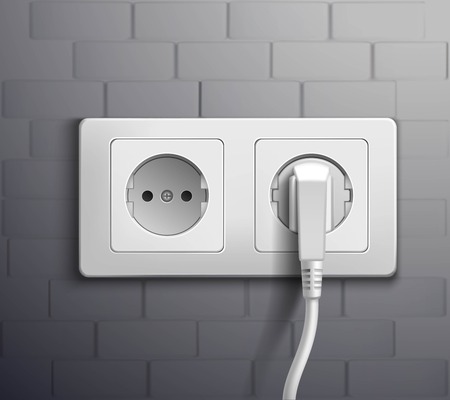 Realistic white plastic panel with socket and single round and double rectangular switches on grey wall vector illustrationのイラスト素材