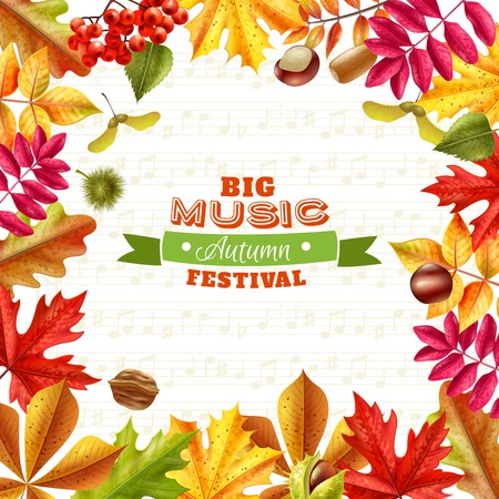 Big autumn music festival background with bright fall leaves chestnuts berries and acorns on textural background flat vector illustrationのイラスト素材