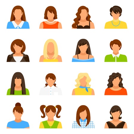 Woman avatar icons set with hairstyle and clothes flat isolated vector illustrationのイラスト素材