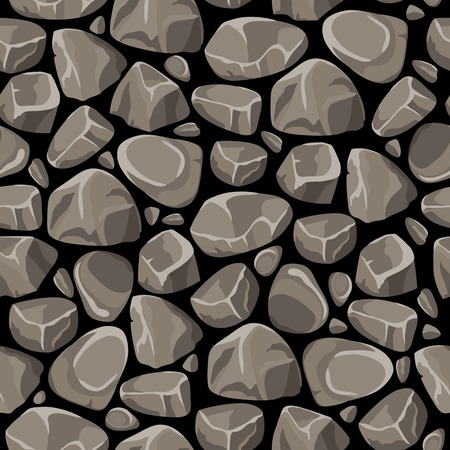 Rock and stone seamless pattern with gray smooth cobbles on black background flat vector illustrationのイラスト素材