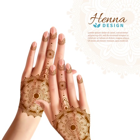 Women hands coloring with indian henna paste or mehndi design of tattoos realistic advertisement poster vector illustrationのイラスト素材