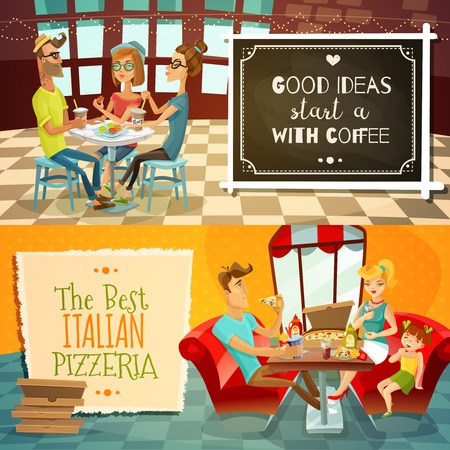 People in restaurant two horizontal banners with cafe visitors drinking coffee and family with kid in interior of pizzeria flat vector illustrationのイラスト素材