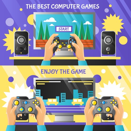Game gadget horizontal banners with male hands holding gamepad and computer screen with simplified...
