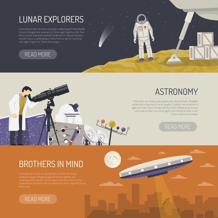 Astronomy horizontal banners set of lunar explorers observatory equipment for space research and ufo images flat vector illustrationのイラスト素材