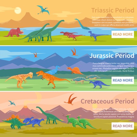 Dinosaurs flat horizontal banners set of design backgrounds with groups of giant ancient pangolins lived millions years ago vector illustrationのイラスト素材