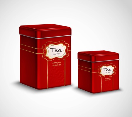 High quality tea metal packaging and storage containers realistic advertisement  poster with 2 red tins vector illustrationのイラスト素材