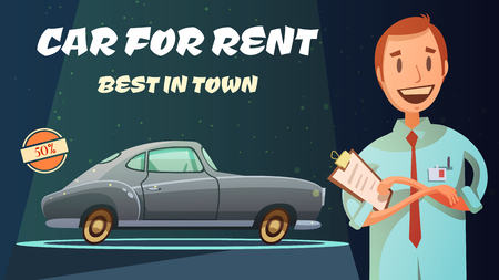 Best rental car prices with excellent service vintage poster with smiling shop owner retro cartoon vector illustrationのイラスト素材