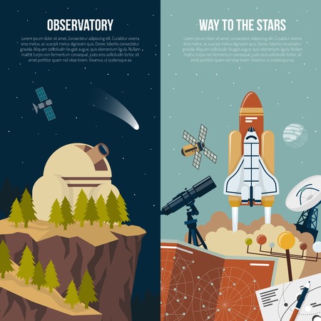 Astronomy vertical banners with observatory in mountains composition and collection of equipment for space flights flat vector illustrationのイラスト素材
