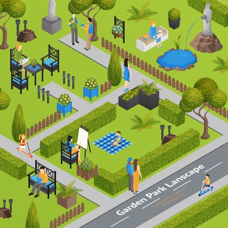 Garden park landscape with grass green fence and plants chairs and table for visitors isometric vector illustrationのイラスト素材