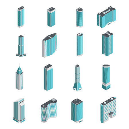 Modern many storeyed buildings and skyscrapers of different shape isolated on white background vector illustrationのイラスト素材