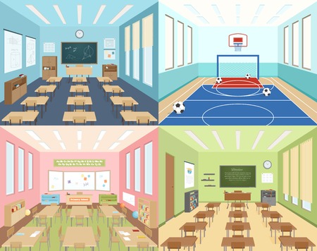 Isometric school 2x2 compositions presenting different classrooms for maths art and literature and sportroom vector illustrationのイラスト素材