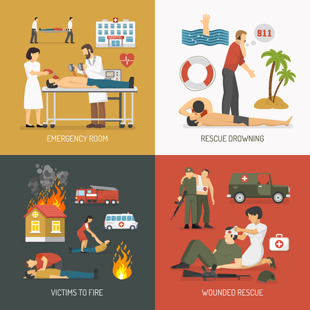 First air assistance for drowning and fire victims rescue on spot 4 flat icons square isolated vector illustrationのイラスト素材