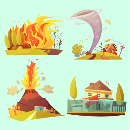 Natural disaster retro cartoon 2x2 icons set with fire flood volcanic eruption and tornado flat isolated vector illustrationのイラスト素材